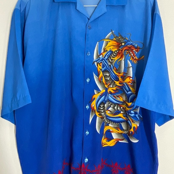 WINGO Shirt Mens Size XL Blue FIRE DRAGON Print Y2K SKATE Hawaiian VINTAGE - Picture 2 of 9